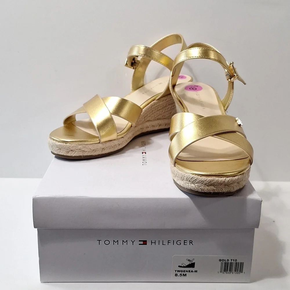 Tommy Hilfiger NEW Gold Platform Espadrille Ankle Strap Coquette Wedges Size 8.5